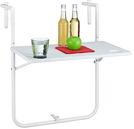 Relaxdays Tavolino Pieghevole per Balcone, 3 Altezze Regolabili, Tavolo da Appendere Ringhiera, BxT: 59,5x36 cm, Bianco