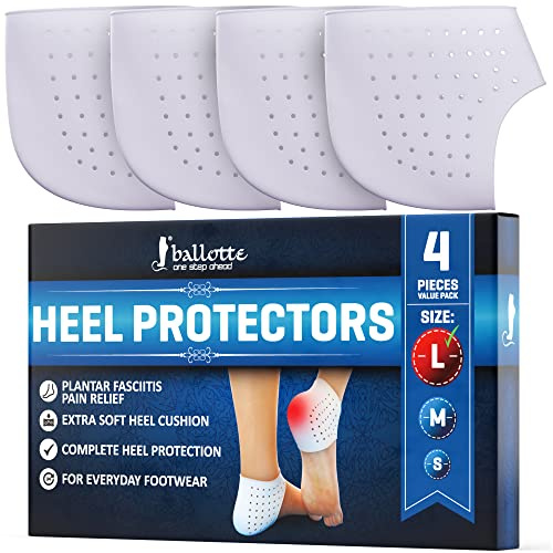 Ballotte Premium hälskydd i silikon (stor - 4-pack) | gelklackdynor/silikonstrumpor för kvinnor och män - smärtlindring för sprucken häl | blåsförebyggande hälkoppar/kuddar för plantar fasciit