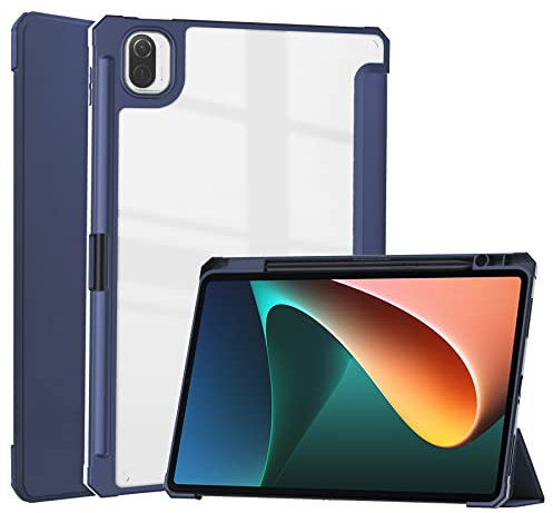 for Xiao-mi-Pad-5/Pro/5G 2021 Tri-fold Stand Case with Stylus Holder, 11'' Clear Acrylic Back Shell Ultra-Thin Lightweight Full-Body Protective Magnetic Flip Smart Cover Auto Sleep/Wake (Dark Blue)
