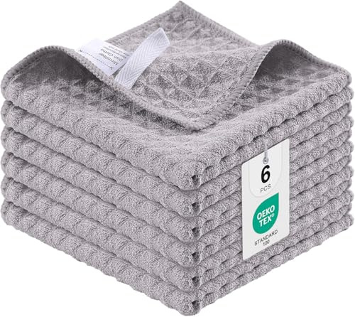 Moosfor Microfasertücher 6er-Set 30 x 30 cm Geschirrtücher Grau | Dicke saugfähige, Fusselfrei Küchentücher Trocknen Geschirr und Theken Schnell, Geeignet für Küche, Barista Tuch, Haushalt