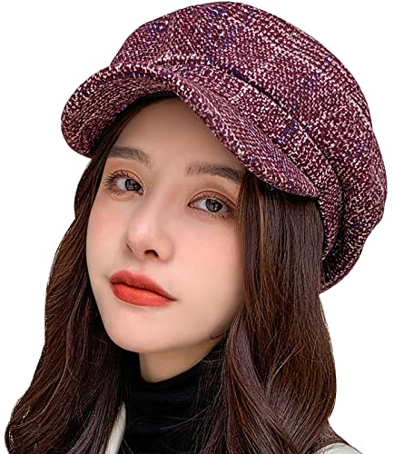WANYI Winter Barett Cap Damen Frauen Mode Baskenmütze Schirmmütze Leicht Weiche Maler Mütze Achteckiger Hut Koreanisch Stil Warm für Frühling/Herbst/Winter 56-58cm (56 Weinrot)
