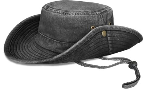TOSKATOK® UPF 50+ Unisex Safari Outback Buschhut aus Baumwolle im australischen Stil mit breiter Krempe, abnehmbarem Kinnriemen, seitlichen Druckknöpfen und Lüftungsschlitzen-CHARCOAL-58