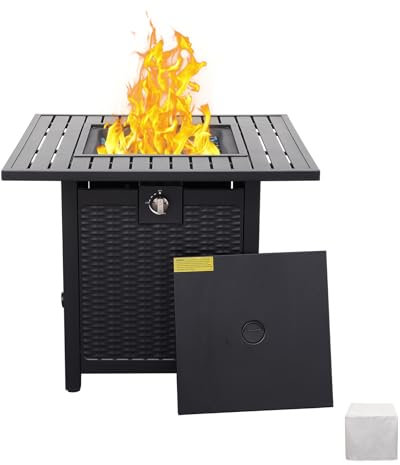 Tables à feu d'extérieur de 76,2 cm 50 000 BTU pour extérieur en acier avec couvercle de brasero en bois marbré et housse imperméable et pierres de lave