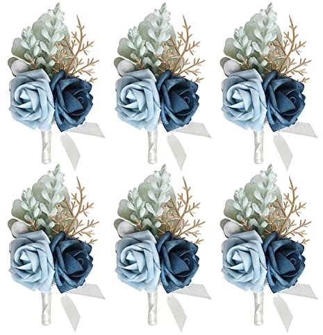 ISAKEN Hochzeit Boutonniere Blumen, 6 Stück Künstliche Ansteckblume Anstecknadel Boutonniere Ansteckblume Bräutigam Boutonniere Braut Hochzeit Ansteckblume für Party Prom Männer Anzug Dekoration