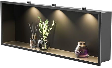 Bernkot Stainless Steel Shower Niche 36 X 12 Matte Black with Led Downlight Waterproof No Tile Needed Wall Niche for Bathroom Storage Over Mount Installation