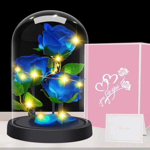 Touloube Geschenke für Frauen zum Muttertag- Premium Rose Blume Geschenk, Ewige Rose im Glas Mit Lichter, 3 Blau Rose in Glaskuppel, Valentinstagsgeschenk für Freundin Mama Mutter Großmutter Oma
