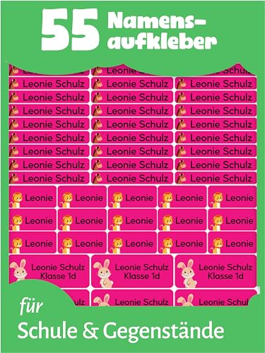 LabelTiger Personalisierte Namensaufkleber im Set - Schule (55 STK, Pink) | Selbstklebend & Wasserfest, Aufkleber für Stifte und Schulsachen, Personalisierte Namensetiketten