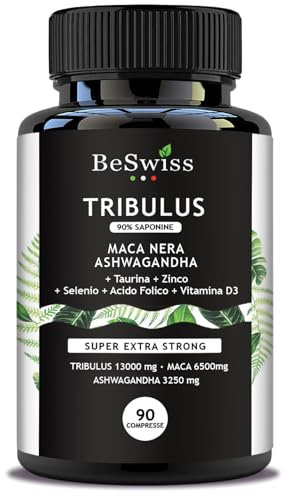 Tribulus + Maca + Ashwagandha 22000mg | Altissimo Dosaggio + Taurina, Zinco, Selenio, Acido Folico e Vitamina D3 | Massa Muscolare | Energizzante | BeSwiss