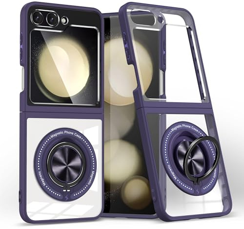 Kainevy for Samsung Z Flip 5 Case Clear Magnetic [Compatible with MagSafe] with Hidden Stand Ring Phone Cover Samsung Galaxy Z Flip 5 Case Military Grade Shockproof Protective Transparent (Purple)
