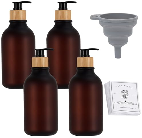 4 Stück Plastik Seifenspender, 500 ml Leere Shampooflasche Flaschen, Mit Etiketten, Trichter, Seifenspender Flaschen, Braun Seifenspender, Shampoospender Für Flüssigseife Shampoo Conditioner Duschgel