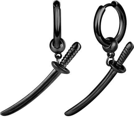 Yumilok Pendientes de acero inoxidable Oscilantes de espada para hombres y mujeres, Pendientes de aro negro