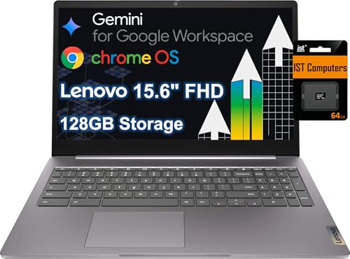 Lenovo Chromebook 15 (15.6 FHD Display, 4GB RAM, 128GB Storage (64GB eMMC + 64GB SD Card), Intel Celeron N4500), Home & Student Laptop, Anti-glare, Webcam, Wi-Fi 6, 10-Hr Long Battery Life, Chrome OS