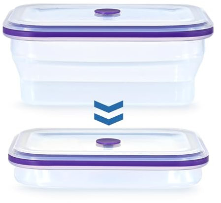 Goodatech Contenedores de Almacenamiento de Alimentos Plegables, Silicona Premium, Sin BPA, Aptos para Microondas y Horno con Tapas, para Viajes, Camping o Repostería (Púrpura,1200ML),1 paquete