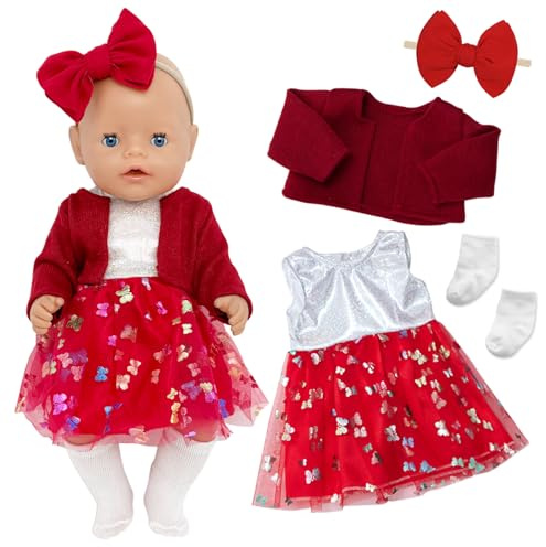 Xerteam Baby Doll Clothes for 14-18 Inch Dolls, Outfits Red Coat Yarn Dress Socks Butterfly Headband for 36-43cm Doll, Dolls Clothes Accessories as Festival and Birthday Gift for Kids