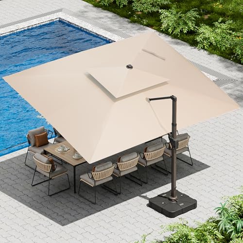 Ombrellon 10 X 13 FT Cantilever Patio Umbrella with Led Lights and Base Included Outdoor Heavy Duty Double Top Rectangle Offset Umbrellas with 360-degree Rotation for Pool Deck Backyard, Beige