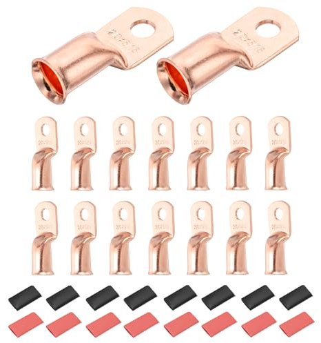 DMiotech 16 Pcs 2/0 AWG - 5/16 Copper Cable Lugs, Battery Cable Ends, Heavy Duty Copper Wire Lugs with 16pcs Heat Shrink Tubing for Electrical Projects, Copper