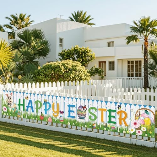 Easter Decorations, Happy Easter Banner, Easter Bunny Egg Backdrops for Outdoor Indoor, Easter Outdoor Garden Wall Table Decoration, Hanging Easter Banner for Spring Themed Party Supplies