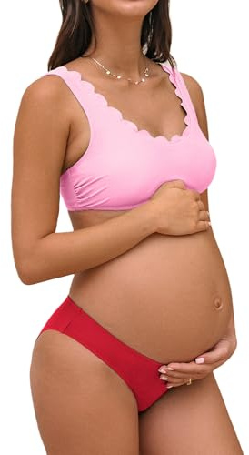 CUPSHE Kvinnors moderskap bikini set graviditet baddräkt låg midja skulpterad rund hals justerbara remmar ryggkrok, Rosa/röd, L