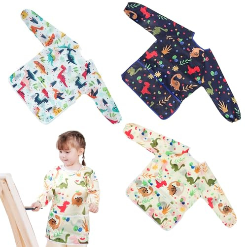 Furforstk grembiule pittura bambini 3 pezzi grembiule cucina bambino Impermeabile grembiuli cucina bambini Con 3 tasche con maniche lunghe per antichi 2-8 anni (Dinosauro)