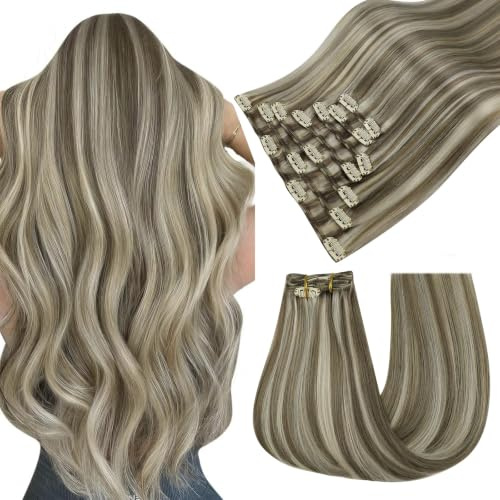 Easyouth Clip in Echthaar Extensions Blond Extension Echthaar Clips Hellbraun Highlighted Platinblond Invisible Clip in Haarverlängerungen Remy Menschenhaar für Frauen 40 cm 7Pcs 120g #P8/60