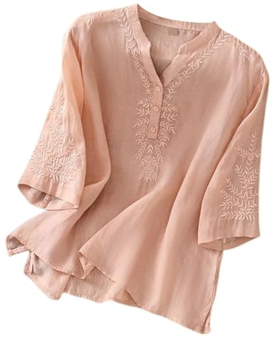 Tunique bohème en dentelle brodée florale pour femme de couleur unie 2025 – Chemisier indien à volants pour femmes âgées – Col en V – Manches courtes – Gaze de lin ample, rose, L