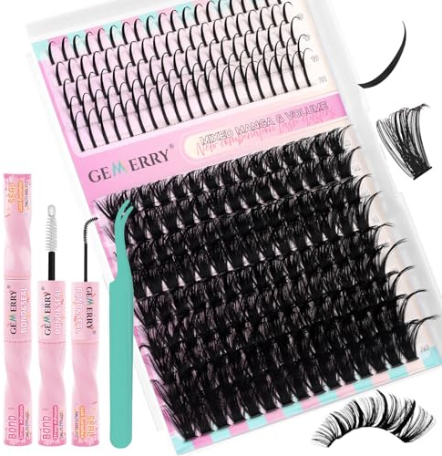 GEMERRY Ögonfransförlängningar spikar gör-det-själv klusterögonfransar D Curl individuella klusterfransar, set 100D, singelögonfransar, Lash Bond & Seal och applikator (Manga 100D-kit)