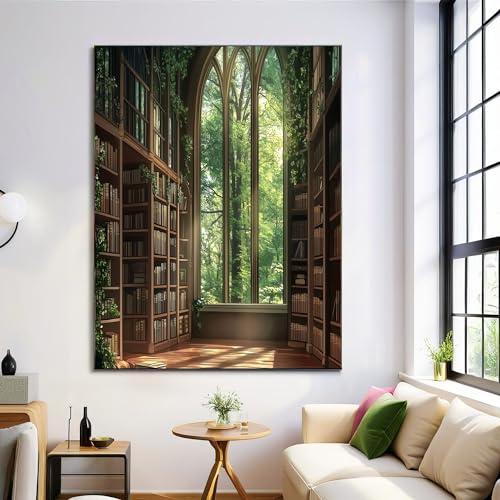 Fantasie Bibliothek Leinwand Bilder Klassisch Bücherregal Wald Grün, Wandbilder für Wohnzimmer Wanddeko, Moderne Kunst Poster für Zuhause 80×120 cm Ohne Rahmen