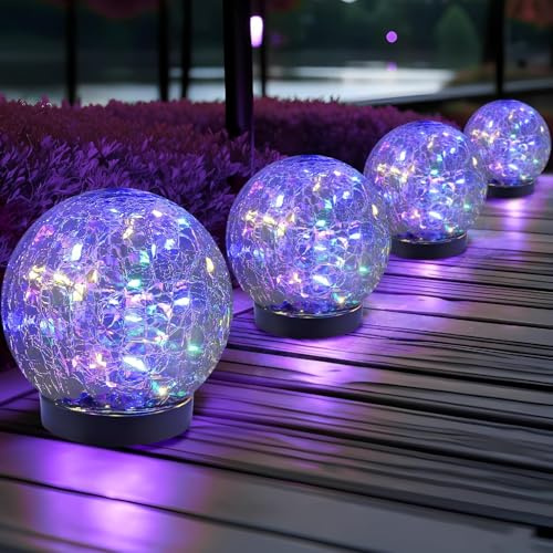 4PCS Garden Solar Lights, Cracked Glass Round Ball Light Outdoor Decor, Waterproof Decorative LED Globe Light for Landscape Walkway Backyard Patio Yard Lawn Pathway Garden Decoration(Colorful Light)