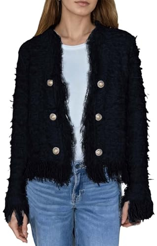 Veste Courte en Tweed pour Femme avec Franges et Boutons Décoratifs, Blazer Bouclé Col Rond dans Élégant Couleur Unie à Manches Longues, Cardigan Mi-Saison Légère pour Un Look Chic