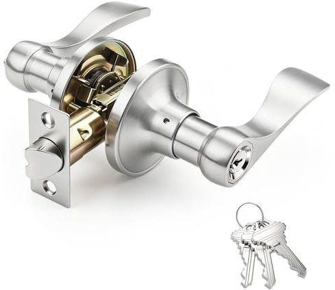 Brotima Entry Door Handle Set with Adjustable Latch,Reversible Front Door Lever Fits 60/70mm Backset 35-45mm Door Thickness,Keyed Security Lock for Entrance Doors