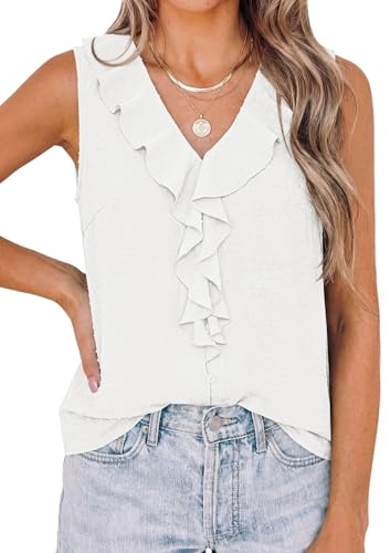 PRETTYGARDEN Tank Tops for Women 2026 Summer Fashion Sleeveless Ruffle Button Swiss Dot Dressy Casual Blouses Work Shirts (Off White,Medium)