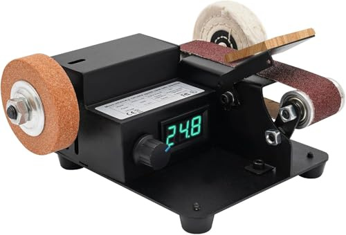 OUKANING Mini Band Sander 350W - Lijadora eléctrica para mesa con 0-10000 RPM, 7 velocidades de regulación de velocidad continua, incluye 10 bandas de lijado, disco abrasivo y accesorio de pulido como