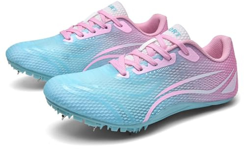 Zapatillas de Atletismo 8 Clavos, Transpirables igerasl Zapatillas de Carreras Hombre Malla Antideslizantes para Velocidad Saltos,Rosado,36 EU