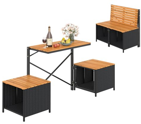 LIFEZEAL Ensemble Banc de Jardin 2 en 1, Banc Pliable et Table en Rotin et Bois d’Acacia, Gain de Place, Table de Pique-Nique Pliable Extérieur pour Porche, Jardin, Terrasse, Charge 360 kg (Noir)