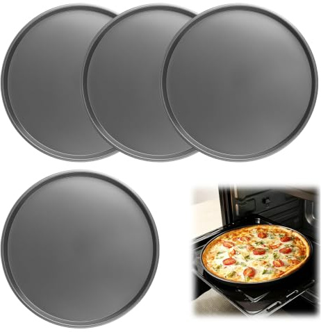 BUERPINKING 4 stycken pizzablåd, rund pizzaplåt 28 cm, värmebeständig pizzaplåt för pizzaugn upp till 230 grader, kolstål pizazazazaplåt, pizzatallrik, bakplåt, rund pizzaform, svart