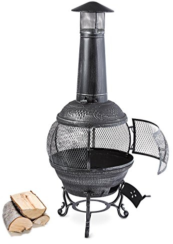 Blumfeldt Flavius, Feuerstelle, Gartenofen, Gartenkamin, Terrassenofen, Aztekenofen, Gusseisen, 360° Rundum-Gitter, Funkenschutz, antikes Design, Zugluftklappe, Eisenverzierungen, Altsilber