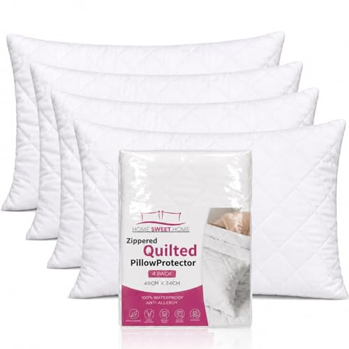 Quilted Pillow Protectors 4 Pack - 100% Microfiber Anti Allergy Pillow Protectors Soft Zip up Pillowcase Protector Quilted Zipped Pillow 48cm x 74cm White Pillowcase Covers