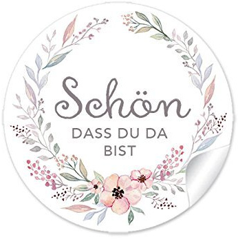 72 STICKER Schön, dass du da bist PASTELLFARBEN mit Blütenkranz Für Gastgeschenke, Hochzeit, Hochzeitsmarmelade, Tischdeko, Selbstgemachtes. 4cm, rund, matt