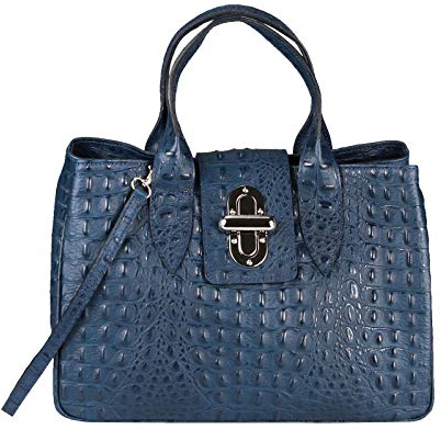 OBC Made in Italy Damen Echt Leder Tasche Kroko-Prägung Business Shopper Aktentasche Schultertasche Handtasche Ledertasche Umhängetasche Tote Bag (Blau (Kroko-Prägung))