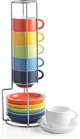 Sweejar Porcelain Espresso Cup & Saucer Set, Stackable Demitasse Cups with Metal Stand, 2.5 OZ for Latte,Coffee,Cafe Mocha,Tea, Set of 6(Multi)