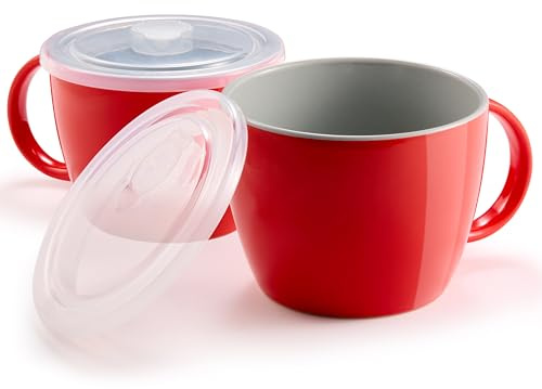 KooK Soup Mugs, Soup Cups with Lid, Microwavable Soup Bowl with Handles, Ceramic with Plastic Lid, for Overnight Oats, Travel Cups, Oversized Coffee Mug, Cereal, 25 Oz, Set of 2, Cherry/Grey