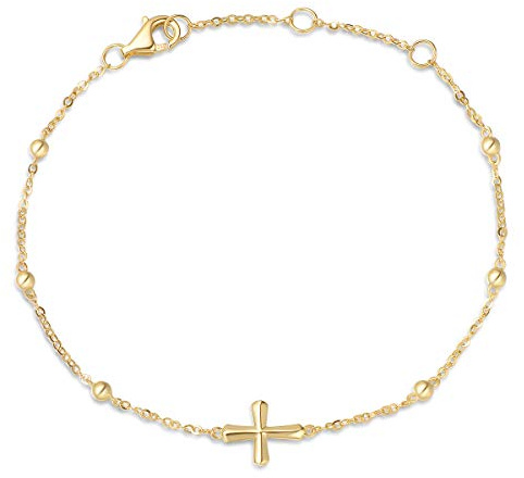 FANCIME Solide 14 Karat 585 Gelb Gold Armband mit Kreuz Anhänger Charm Bracelet Minimalistisch Geschenk Schmuck für Damen Mädchen - Verstellbar Armkette: 15 + 3 cm