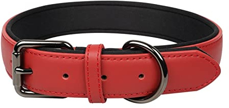 OFHome Dog Collar Leather Red Soft Padded Comfortable Adjustable Strong Pet Collars Best for Small Medium Large Dogs with Heavy Duty Buckle (Red, M)