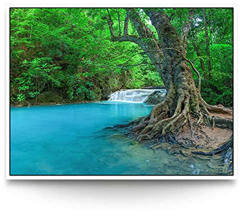 BilderKing Wandbild Wasserfall Fluss Thailand - 200cm x 150cm Leinwand auf 2cm Keilrahmen mit Schattenfugenrahmen weiß