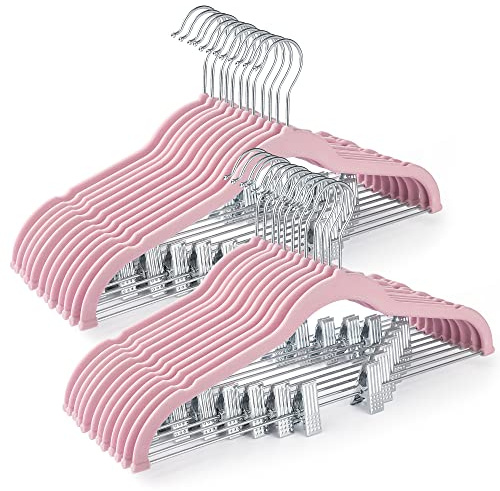 HOUSE DAY Velvet Skirt Hangers - Pink Velvet with Adjustable Clips, Space Saving, Slim, Heavy Duty and Non Slip for Pants, Skirts, Shorts - 24 Pack