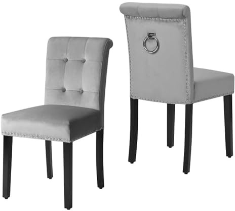 HomeTouch Modern Velvet Dining Chairs Set of 2 Knocker Back Upholstered Kitchen Chairs for Dining Room Living Room Bedroom Office (2, Grey)