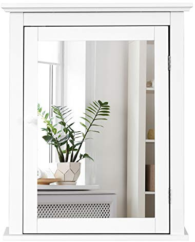 Giantex Badezimmer Spiegelschrank, Badezimmerschrank Hängeschrank mit Spiegel, Badschrank Wandschrank Schminkschrank Badezimmerspiegel, mit höhenverstellbarer Regalebene, 56 x 15 x 69 cm (weiß)