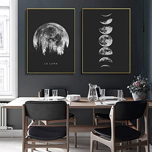 Trayosin Premium Poster Set, 2 Bilder Minimalistisches Schwarz Weiß Mondphasen Kunstdruck Modern Wandbilder, Wanddeko für Schlafzimmer und Wohnzimmer,Poster Vintage,OHNE Rahmen (50x70cm)