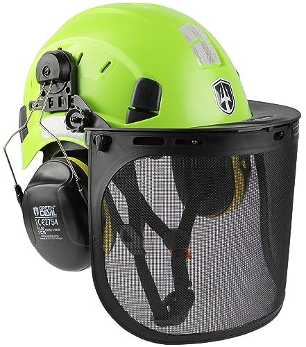 GREEN DEVIL Kettensägen-Schutzhelm Forstschutzhelm Sicherheitshelm mit Gehörschutz Ohrenschützer und Gesichtsschutz Visier 3 in1 Helmset Schlagfeste Bequeme Belüftung Arbeitshelm EN397 & EN 352-3
