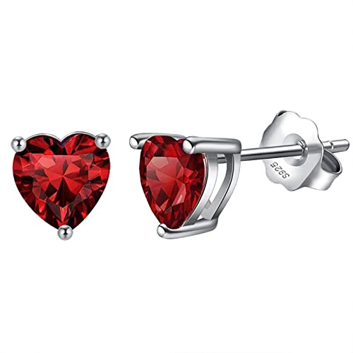 Bellitia Jewelry 925 Damen Geburtsstein Edelstein Ohrstecker mit Granat, Herz Ohrringe für Frauen Hypoallergener Ohrschmuck Geschenk für Geburtstag Rot Stein Schmuck Set